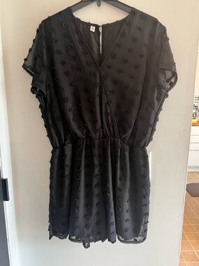 Black Women's Short Sleeve Romper - Lightweight Textured Fabric